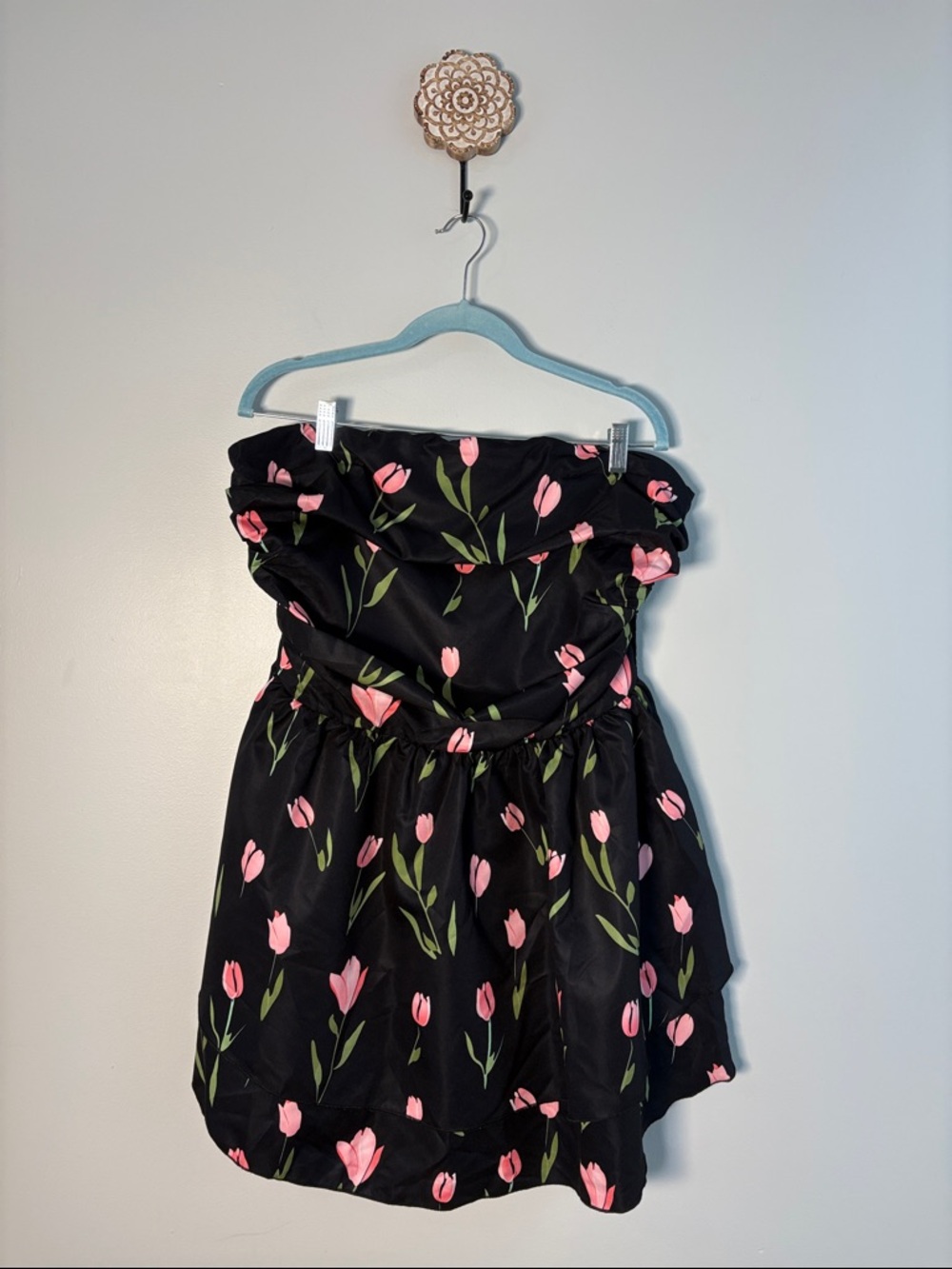 Cider Black Strapless Dress with Pink Tulip Print